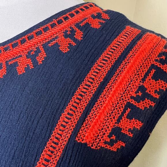 Entro Top Small Womens Blue Orange Embroidered Crinkle Gauze Rayon Boho Blouse - Picture 8 of 8